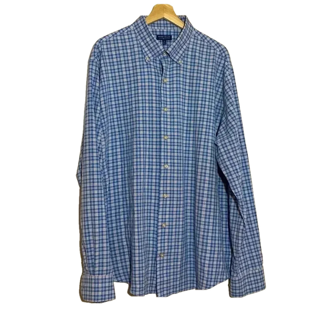 Peter Millar men plaid button down long sleeves shirt preppy blue white shirt XL